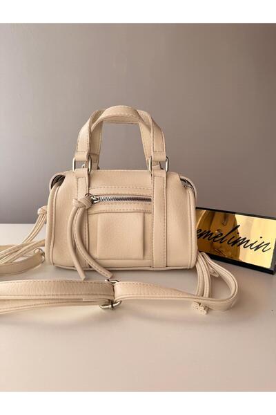 emelimin Women's Cream Leather Look Zippered Strap Hand and Shoulder Bag