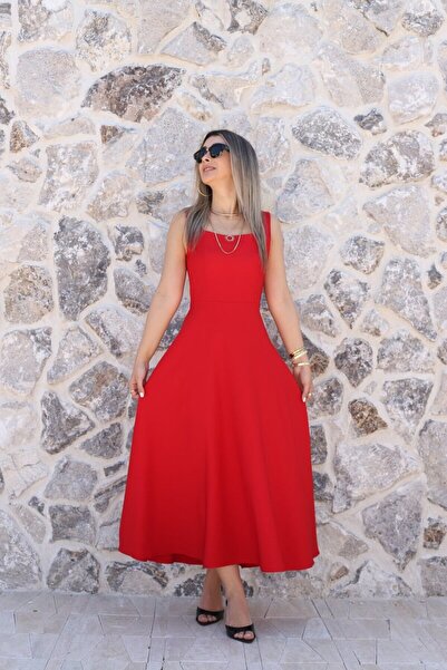 bytugcekaya Κόκκινο μίντι φόρεμα με τετράγωνο γιακά και δέσιμο στην πλάτη