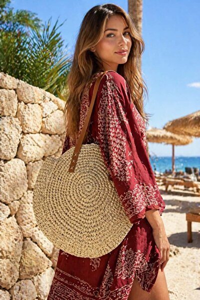 BALIENTE Μπεζ δερμάτινη λαβή, πλεκτή στο χέρι, στρογγυλή ψάθινη γυναικεία τσάντα