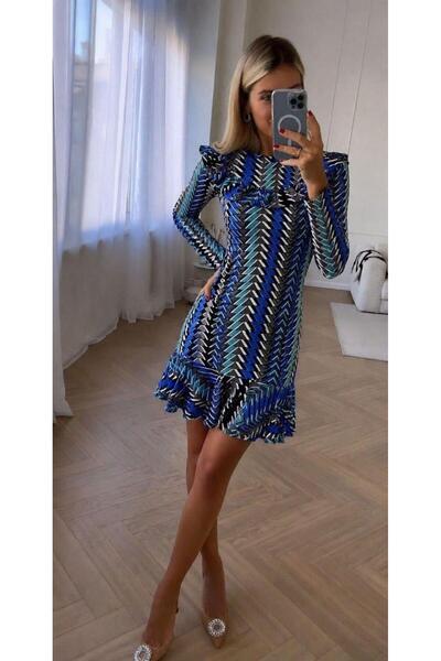 Modafeminen Rochie mini Saks cu mâneci lungi, cu imprimeu geometric și volane...
