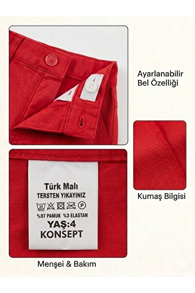 babixkids Unisex Çocuk Kırmızı Pantolon 23 Nisan 19 Mayıs 30 Ağustos Gösteri Okul Keten Pantolon