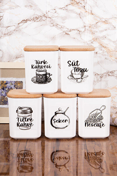 Minya Home 5-Piece 900 ml Storage Container Coffee Corner Set Wooden Vacuum L...