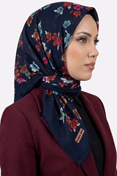 hadiora Women's Navy Blue Floral Patterned Flared Scarf