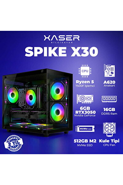 XASER Spike X30 Ryzen 5 7500F 16GB DDR5 Ram 1TB M.2 NVMe SSD 6GB RTX3050 Masa...