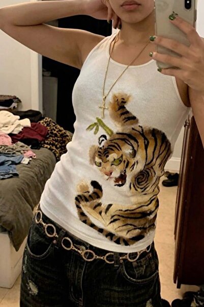 ARS Butik Tiger vintage rebrasti Y2K bijeli bodi sa bretenama