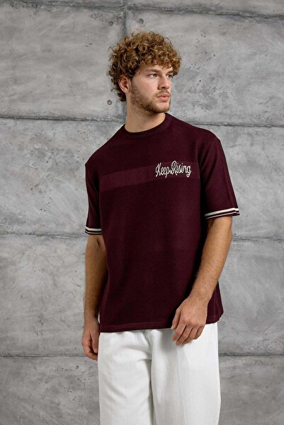 NOMARC Tricou pentru bărbați DP BİSİKLET YALA TRİKO Roșu Claret Tricotaj supradimensionat din material textil cu gât crew