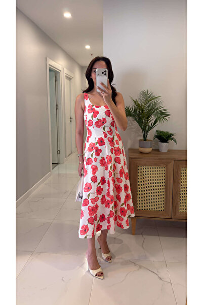 BİRCANÇİL Nerins Red Floral Patterned Dress