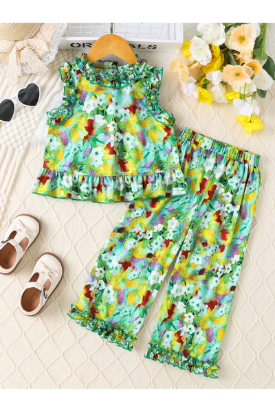 Take Two By Styli Girls Floral Print Sleeveless Ruffle Hem Top and Pants Set