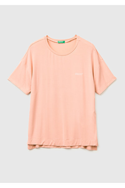 United Colors of Benetton Γυναικείο μπλουζάκι με λογότυπο Salmon Modal, κοντο...