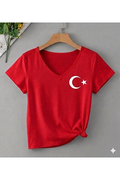 FAVORİST Ataturk and Turkish Flag Printed Mix Women's V-Neck Regular Tshirt