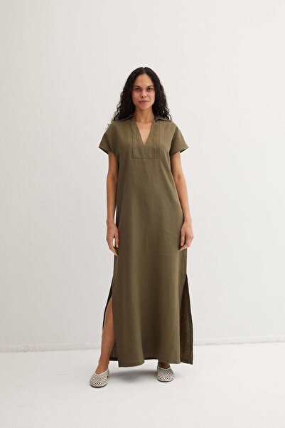 Silk and Cashmere Haki Kate Keten Polo Yaka Kısa Kollu Uzun Elbise