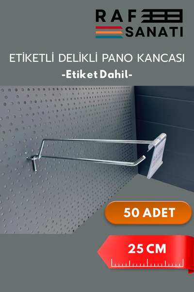 Raf Sanatı Etiketli Delikli Pano Kancası 25 CM | 50 ADET | Tel Askı Kancası |...