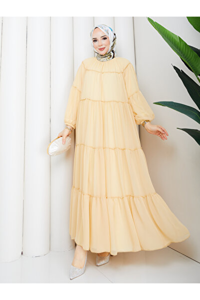 Wual giyim Women's Chiffon Fabric Gathered Layered Hijab Dress