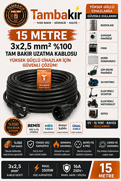 inwatt 15 Metre - 3x2,5 mm %100 Tam Bakır Uzatma Kablosu | Tekli Kauçuk Fiş |...