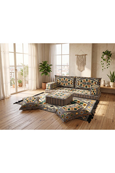 FEYZA DECOR HOME Gri Kilim Desenli 9 Parça Yer Minderi Seti - Modern Şark Köş...