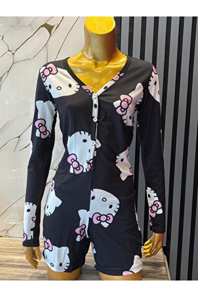 Yelise Lingerie Kadın Siyah Hello Kitty Desenli Uzun Kollu Kısa Şortlu Tulum