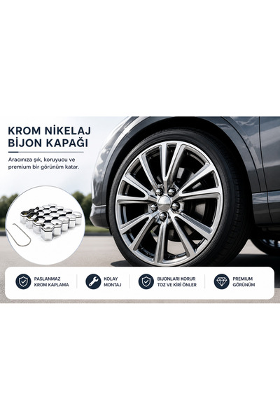 bys 17 mm Bijon Kapağı Krom Nikelaj Kaplama 20 Adet Premium Görünüm
