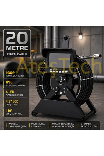 AteşTech 20 Metre Kanalizasyon Kamerası | 1080P Boru Görüntüleme | Fiber Kablo Endoskop Boroskop Sondaj Kamerası
