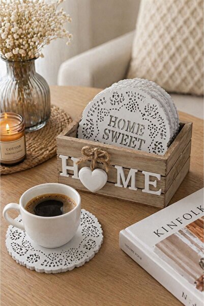 NEWNOW Home Lace Wooden Coaster Set with Stand, Set of 6, Decorative, White w...