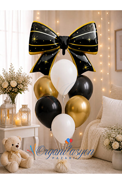 Organizasyon Pazarı Siyah Gold Fiyonk Balon Seti | Folyo Kurdeleli | Doğum Gü...