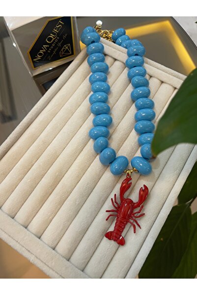 Stylish YENGEÇ DETAY MAVİ AKRİLİK BONCUK KOLYE