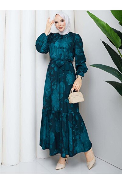 Gülsüm Aydın Patterned Belted Hijab Dress Lotus Pattern