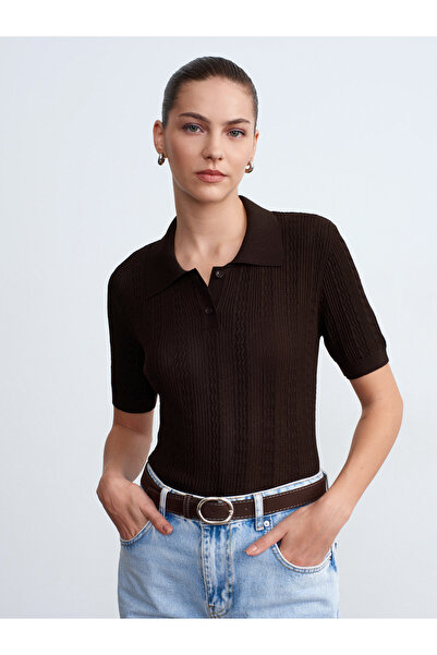 Dilvin 10781 POLO YAKA DÜĞMELİ AJURLU TRİKO BLUZ