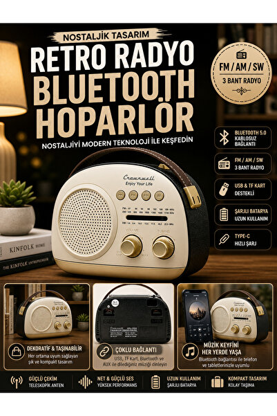 KOLAYEV Retro Bluetooth Radyo Taşınabilir Nostaljik Hoparlör FM AM SW USB TF ...