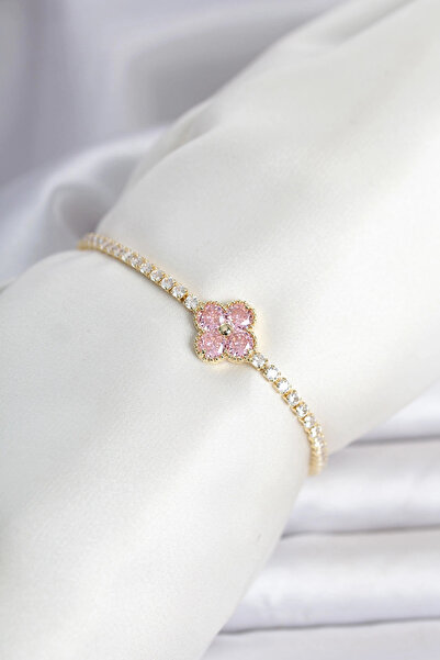 Clariss Brass Gold Color Pink Zircon Stone Clover Model Waterway Women's Brac...