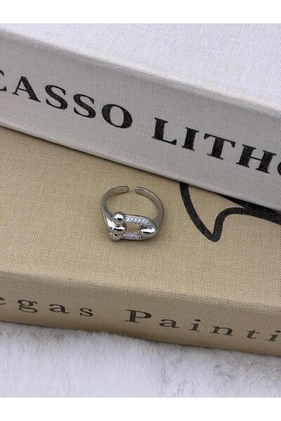Hedef Bijuteri Silver Color Zircon Stone Tfny Lock Model Adjustable Brass Rin...