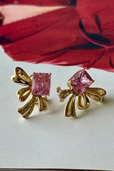 Trendy Butik Pink Zircon Stone Bow Earrings