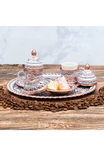 ERİZA Special Presentation Set with 2 Cups, Tray, and Turkish Coffee Cup, Handcrafted Copper Coffee Set