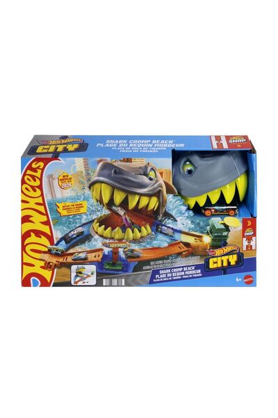 mattel Hot Wheels City Chomp Shark Pista de curse pe plajă cu mașină inclusă