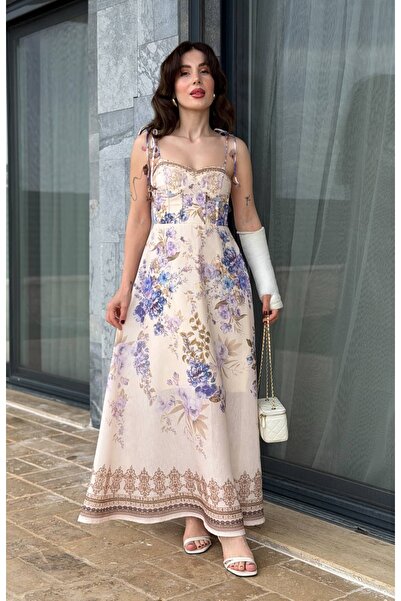 YK FASHION Pastel Çiçek Desenli Askılı elbise