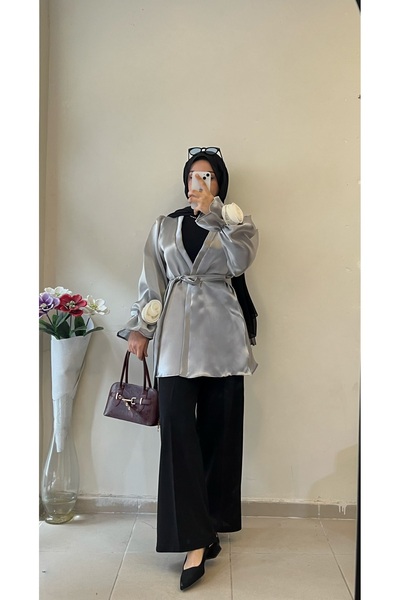 DİLEKBUTİK Gri organze astarsız yazlık kimono
