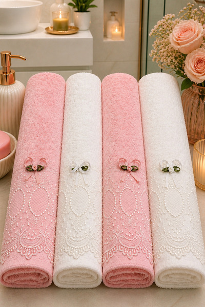 Hig Store Premium Fransız Güpür Dantelli 4’lü Pamuk Havlu Seti (2 Pembe & 2 B...