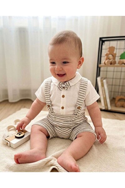 cacobutik erkek bebek çizgili müslin gömlek yazlık salopet takım