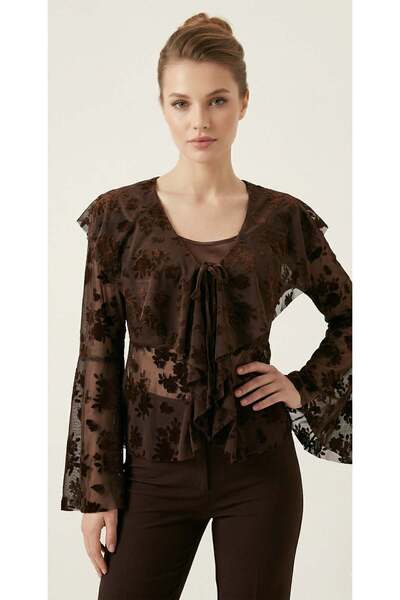 olive -15033 FLOK BASKI BLUZ KAHVE