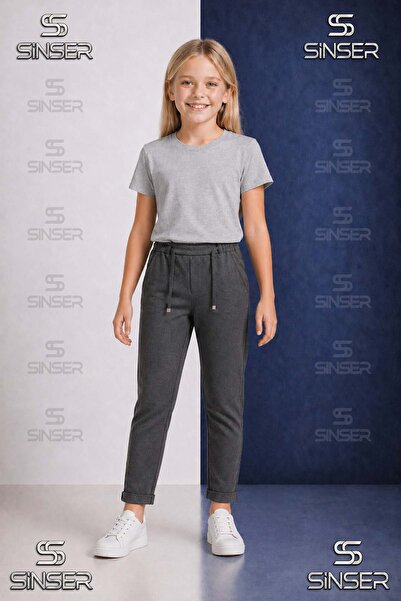 SS SİNSER Pantaloni uni pentru fete, cu talie elastică, stil Lycra cu tiv pli...