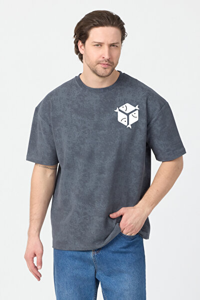 URBANTRENDSTORE Βαμβακερό μπλουζάκι με στάμπα, πλυμένο με οξύ, σε μεγάλο μέγε...