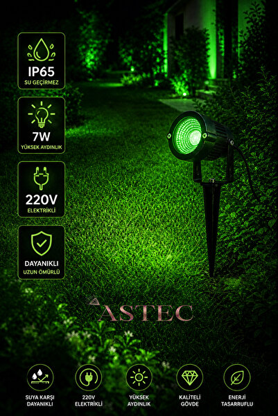 ASTEC 7W Yeşil Bahçe Aydınlatma Spotu IP65 Su Geçirmez 220V Elektrikli Dış Me...