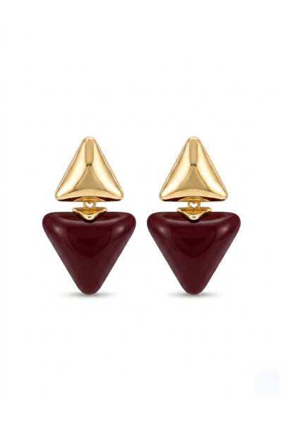 Pelin Aksesuar Burgundy Stone Gold Detailed Inverted Triangle Earrings