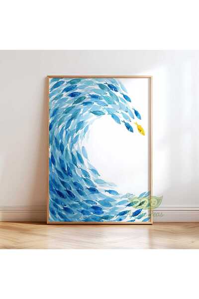NinaStore Mavi Balık Dalga Sanat Baskısı - Modern Sahil Duvar Dekoru - Soyut ...