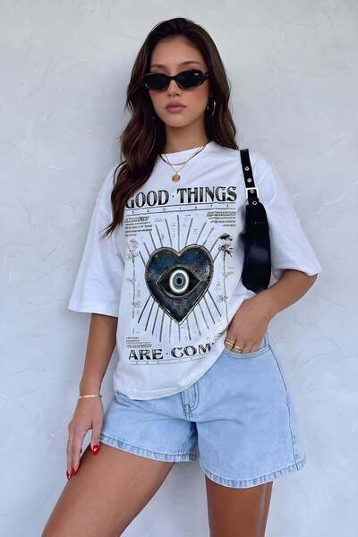 VACHT Tricou oversize casual pentru femei, cu imprimeu Evil Eye, alb ecru