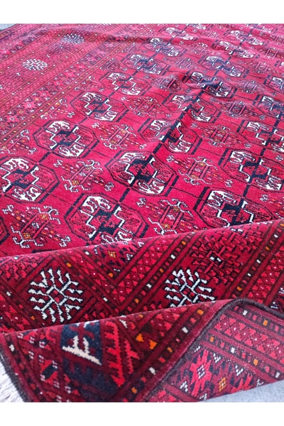 -Türkmen El Dokuma Halı-113-184cm-Kök Boya Yün-Kırmızı-Gül Motifli-Orijinal El Dokuma -İpek Kalitesinde