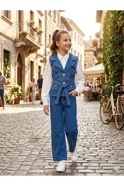 ASALEA Girl's Denim 3-Piece Set – Vest, Pants, and Shirt with Belted Ruffles,...