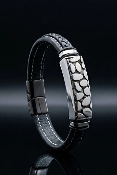 OSMANLI GÜMÜŞ Men's Black Leather Bracelet with Steel Stone Pattern Detail, B...