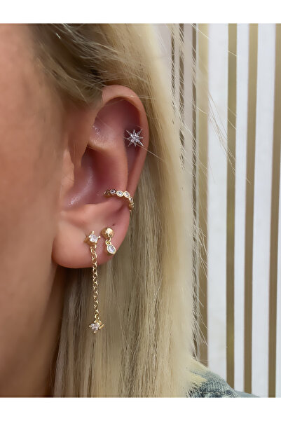 Hicrans Takı EARCUFF KIKIRDAKLI SALLANTILI MODEL ÜÇLÜ SET ÇELİK KÜPE