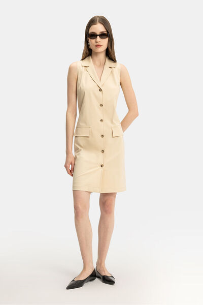 W Collection BEJ ÇİZGİLİ DİZ ÜSTÜ ELBİSE