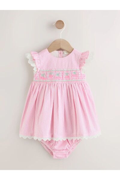 Next Baby Cotton Pink Dress with Lace Details